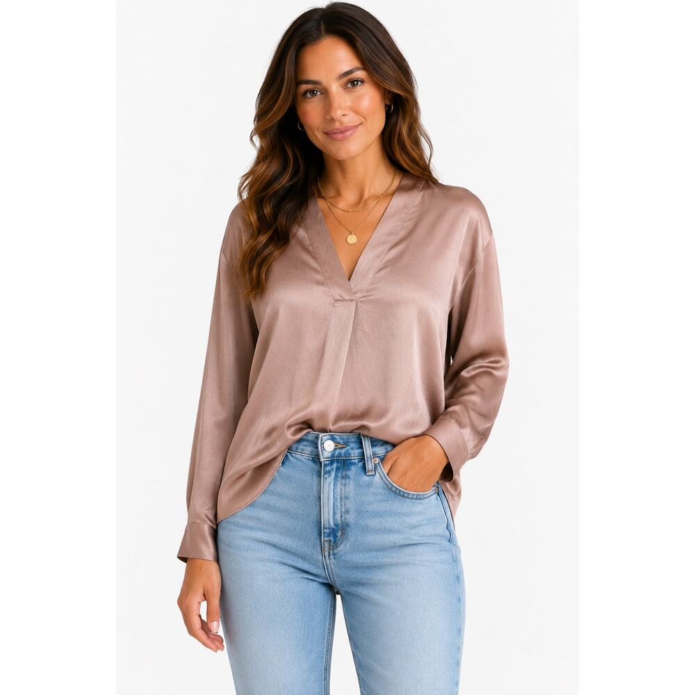 Vince Silk Blouse XS Taupe Blush Satin V Neck Long Sleeve Top